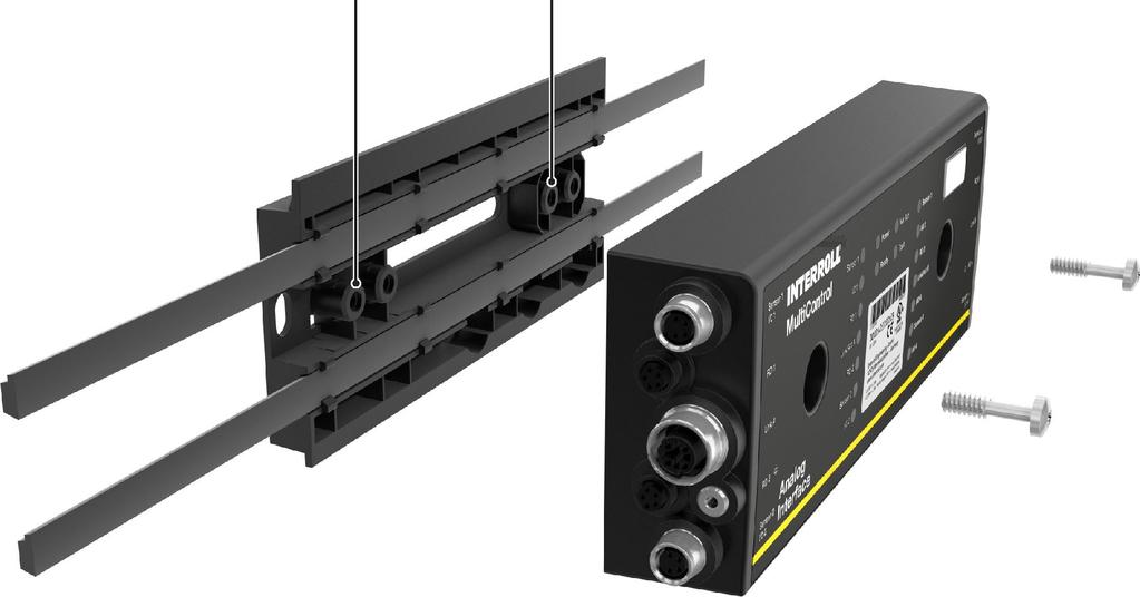 Montáž a instalace ¾ V označených místech na rámu dopravníku vyvrtejte dva otvory Ø 6,5 mm. ¾ Připevněte základní desku pomocí šroubů M6 k dopravníku.