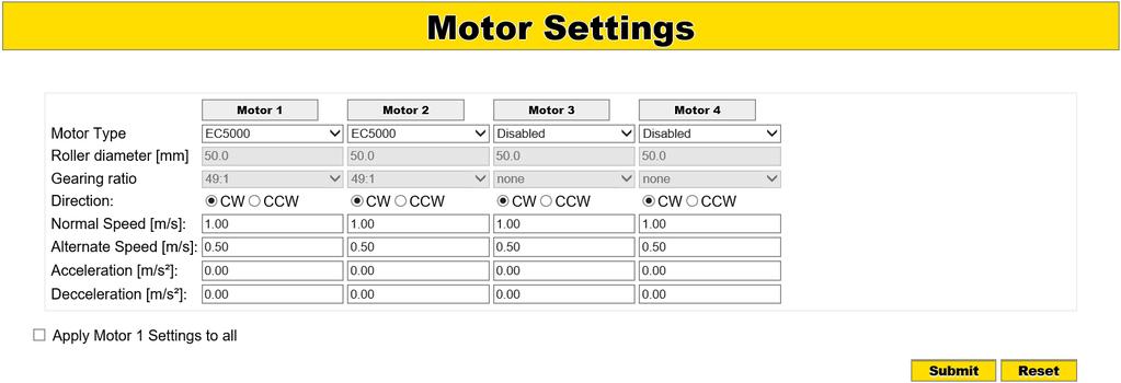 Uvedení do provozu a provoz Motor Settings ¾ Nepoužité motory deaktivujte, aby nedocházelo k chybovým hlášením.