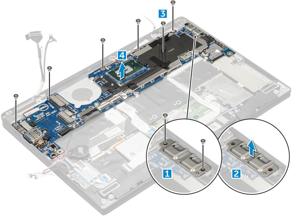 Montáž základní desky 1 Zarovnejte základní desku s otvory pro šrouby na počítači. 2 Zašroubujte šrouby M2,0 3,0, které připevňují systémovou desku k počítači.