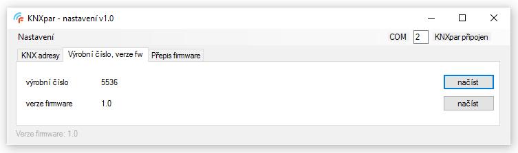 Záložka "Výrobní číslo, verze fw" Tlačítky načíst lze z jednotky KNXpar načíst její