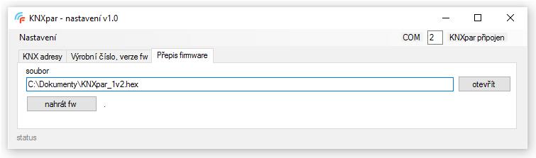 Záložka "Přepis firmware" Pro přehrání firmware v KNXpar vyberte soubor s novým