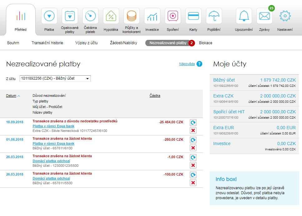 9. Přehled Nezrealizované platby Zde najde klient všechny odchozí platby z účtů, které nebylo možno zrealizovat, a to jednorázové i opakované.