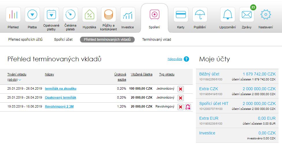 29. Spoření Přehled termínovaných vkladů V Přehledu termínovaných vkladů se zobrazují automaticky všechny aktivní termínované vklady.