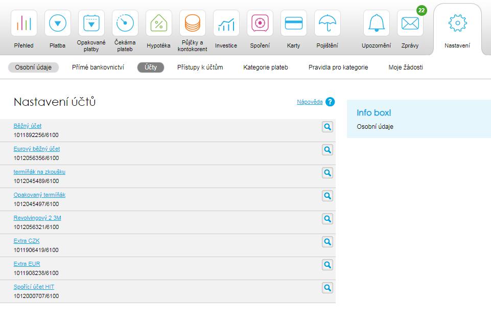 40. Nastavení Účty Na tomto místě je přehled všech aktuálně otevřených účtů běžných, spořicích i termínovaných vkladů.