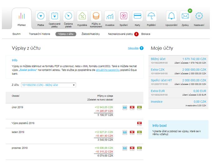 7. Přehled Výpisy z účtu Výpisy z účtů jsou archivovány v internetovém bankovnictví ve formě standardních měsíčních výpisů, které lze stáhnout a uložit ve formátu PDF.