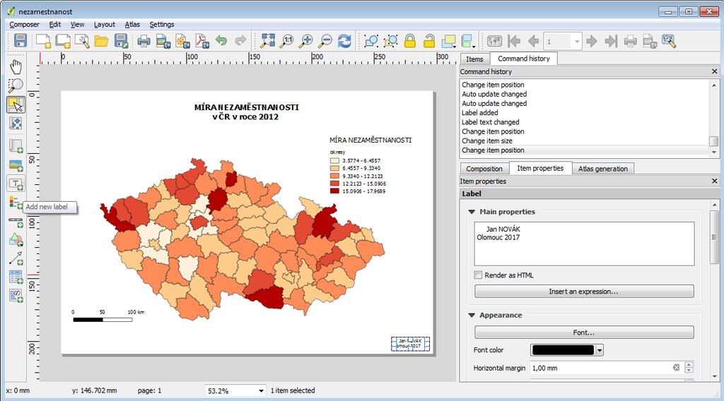 napravo dolů). V pravém panelu napíšeme svoje jméno a příjmení a pod něj napíšeme místo a rok vzniku mapy. Mapa je nyní kompletní.