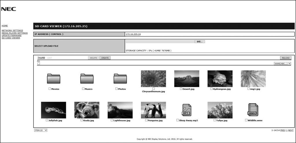 SHARED SD CARD SETTINGS (Nastavení sdílené karty SD) Z počítače připojeného ke stejné síti jako monitor můžete na paměťovou kartu microsd kopírovat různá data (např. obrázky či videa).
