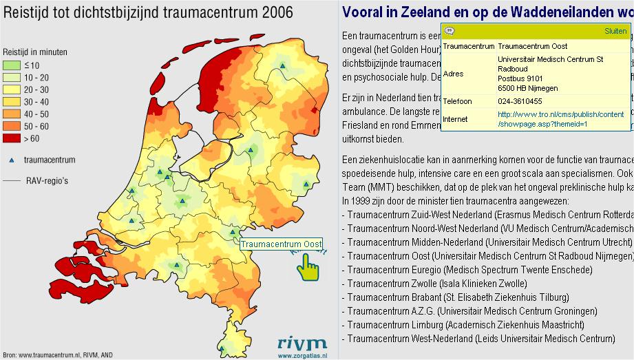 Obr. 7. Mapa časové vzdálenosti od traumacenter z Národního atlasu zdraví obyvatelstva Nizozemska [upraveno podle http://www.rivm.nl/vtv/object_map/o1825n21161.html] 7.