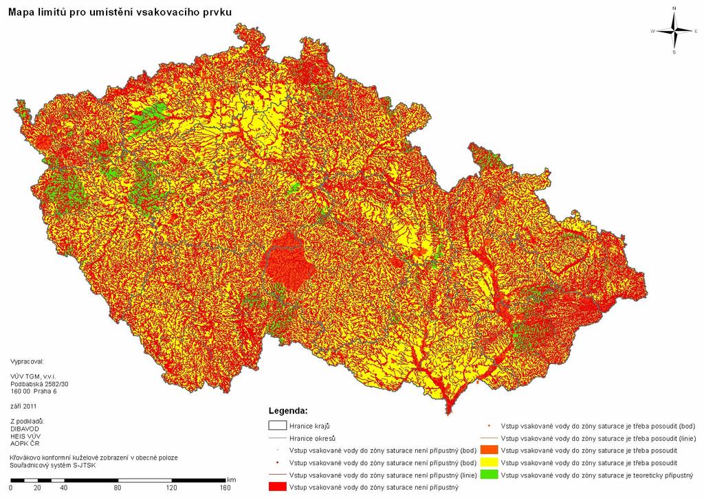 2.2 Mapa limitů pro umístění vsakovacího prvku První mapa souvisí s lokalizací samotného vsakovacího prvku jako součásti čistírny odpadních a na základě barevného klíče (princip semaforu) vymezuje