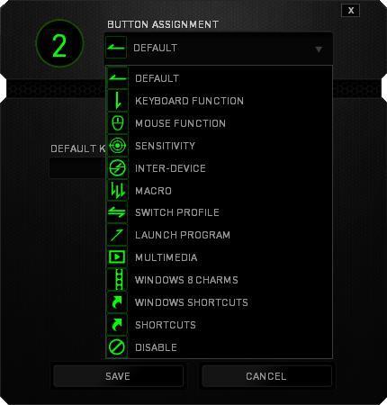 Funkce tlačítek Button Assigment Menu Default základní funkce tlačítka Keyboard Function tato funkce umožnuje tlačítku přiřadit funkci zvolené klávesy na klávesnici.