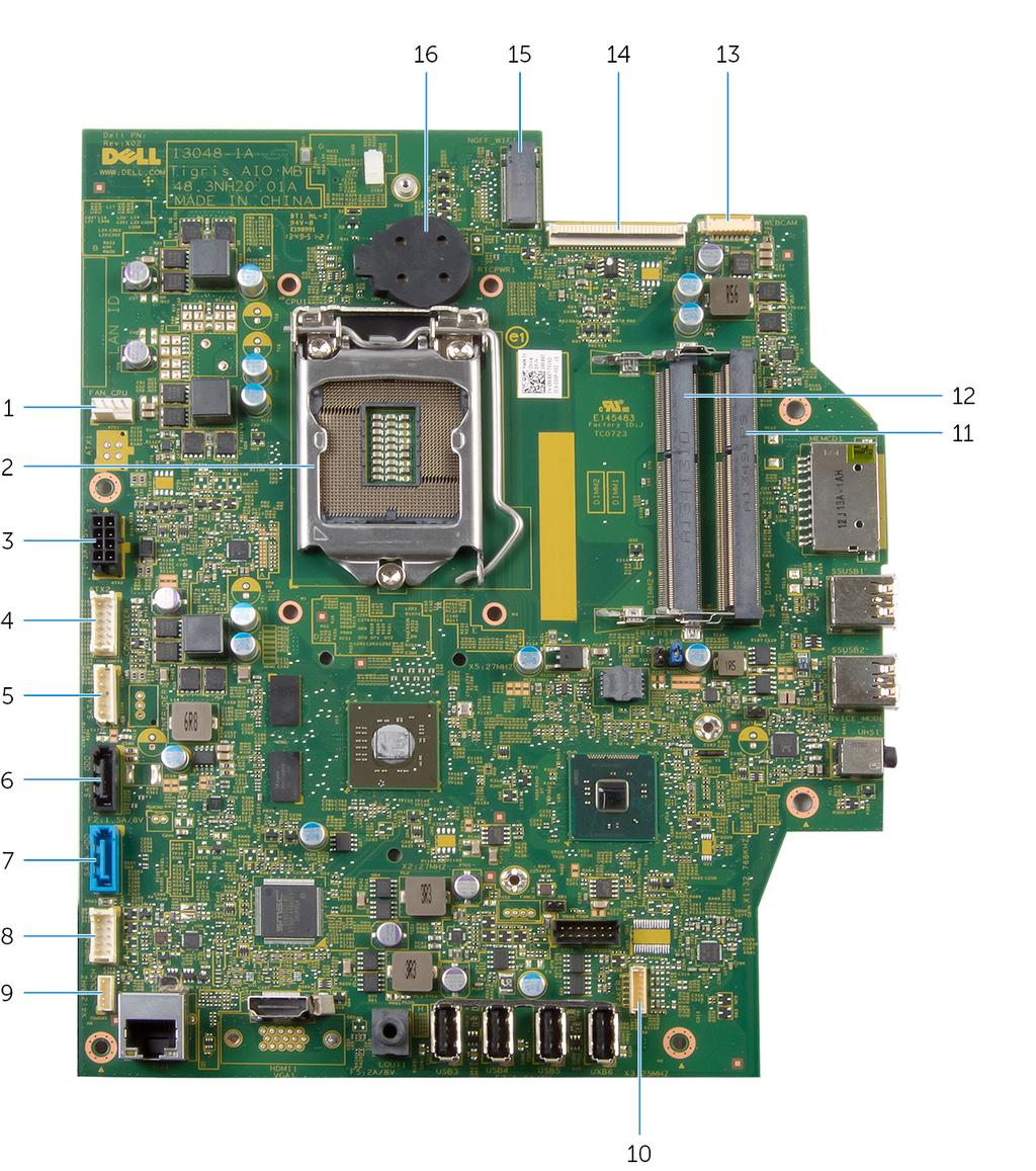 Součásti základní desky 1 konektor kabelu ventilátoru (FAN_CPU) 3 konektor kabelu portu napájecího adaptéru (ATX2) 5 konektor napájecího kabelu pevného disku a optické jednotky (SATAP1) 7 konektor