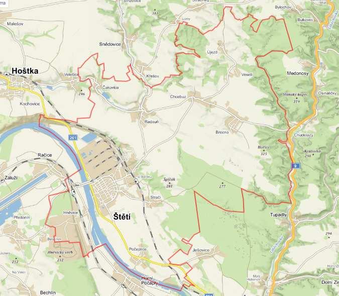 Obrázek 1: Město Štětí a jeho místní části Zdroj: www.mapy.cz, 2017 Město Štětí eviduje ke dni zpracování analýzy celkem 8.587 obyvatel (4.169 mužů a 4.418 žen).