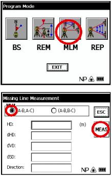 Měření chybějící přímky (MLM) Program pro měření chybějící přímky vypočítá horizontální délku (dhd), šikmou délku (dsd) a převýšení mezi dvěma cílovými hranoly.