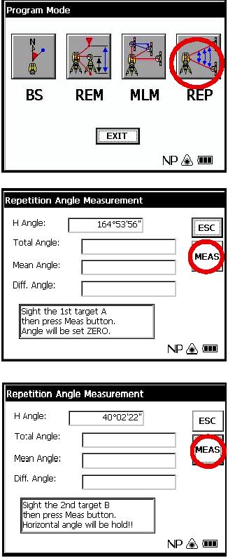 Měření úhlů repeticí (REP) Program pro měření úhlů repeticí vypočítá horizontální úhly a zobrazuje pak celkový úhel (Ht) a střední hodnotu všech měřených úhlů (Hm).