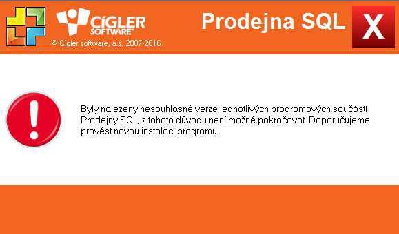 Pozn.: v případě, že Vám po instalaci nové verze zahlásí po spuštění následující hlášku: smažte složku umístěnou zde: