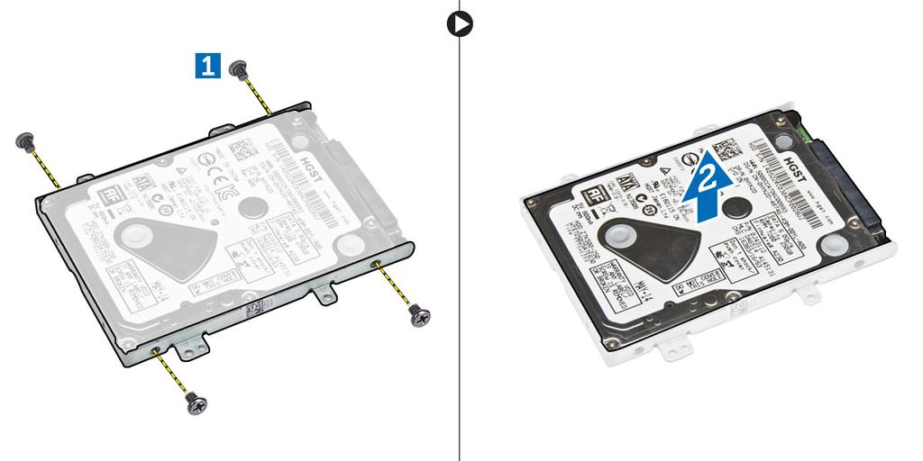 2 Vložte pevný disk do držáku pevného disku. 3 Utáhněte šrouby, a připevněte tak pevný disk k držáku pevného disku.