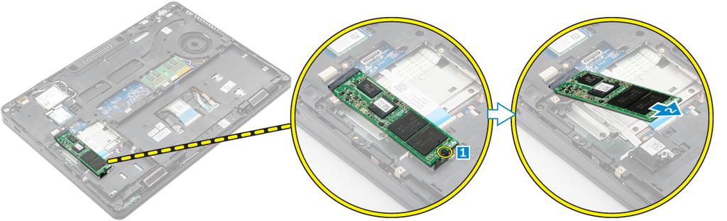 Disk SSD volitelné Demontáž volitelného disku M.2 SSD (Solid State Drive) Pokud je systém dodán společně s diskem M.2 SSD, proveďte následující kroky.
