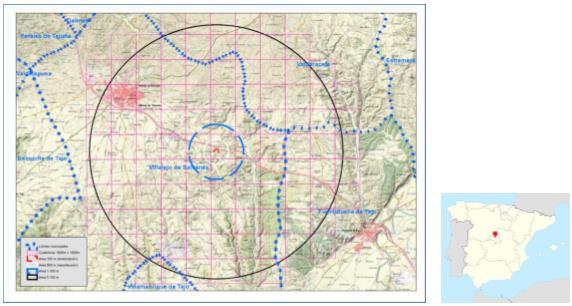 7. Mapa vymezené oblasti stanovené v autonomním společenství Madrid (Španělsko) Vysvětlivky: hranice obcí mřížka 1000 m x 1000 m