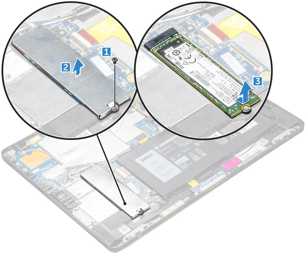 3 Postup demontáže modulu SSD: a Odšroubujte šroub M2,0 x 2,5, kterým je připevněn ochranný kryt modulu SSD [1]. b Zvedněte kryt SSD z tabletu [2].