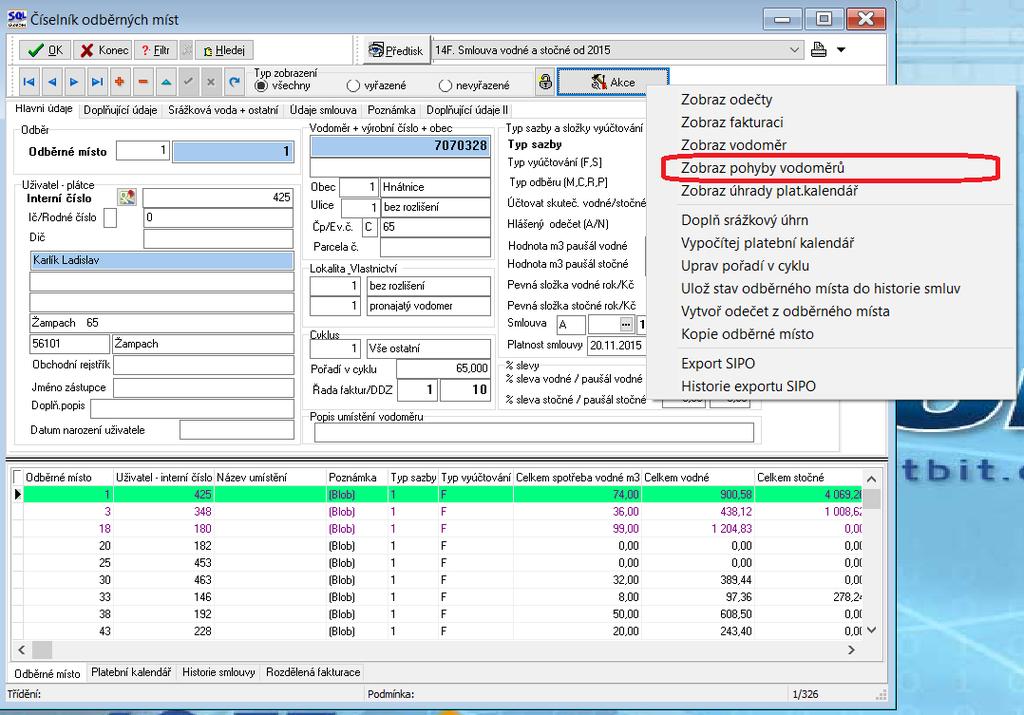 Obrázek : Odběrná místa zobrazení historie pohybu vodoměru Vodoměry V číselníku vodoměrů je nově možné použít přes tlačítko Akce funkci Výpočet odečet z demontáže.