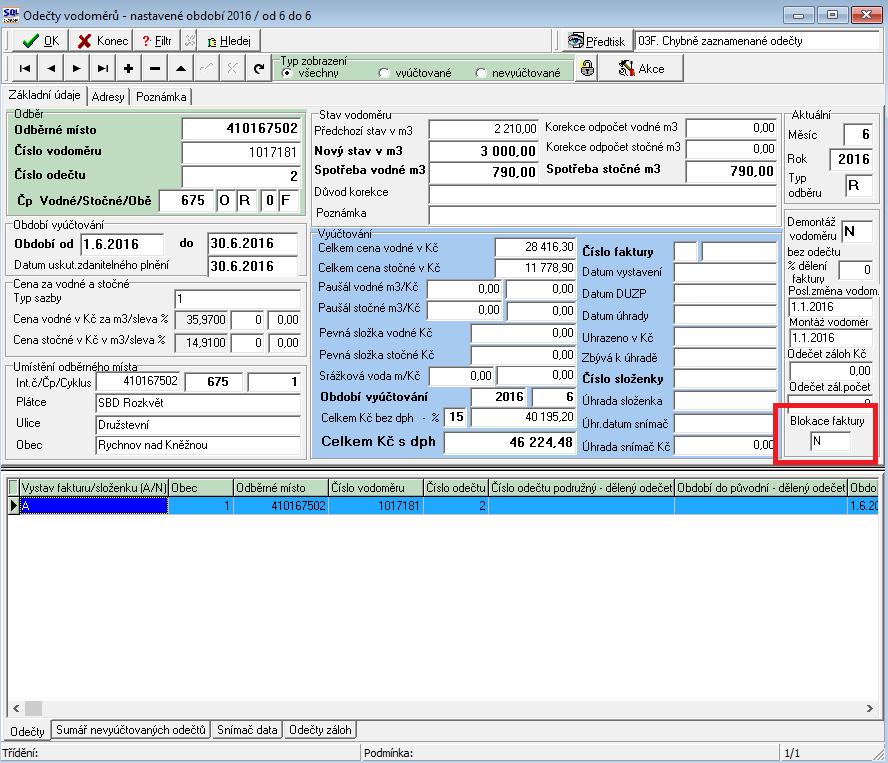 Odečty vodoměrů V odečtech vodoměrů je nově funkce pro blokaci vyúčtování odečtu. Kolonka pro blokaci je na hlavní kartě odečtu vpravo dole.