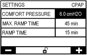 Nakonec stlačte další řádek pro posun na Comfort pressure (Výchozí tlak): tlak, který přístroj dodává na počátku postupného