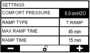 Comfort pressure (Výchozí tlak): tlak, který přístroj dodává na počátku postupného nárůstu tlaku. Ramp type (Typ nárůstu) : Postupný nárůst tlaku (T.Ramp) nebo indexovaný nárůst (I.Ramp). Max ramp time (Max.