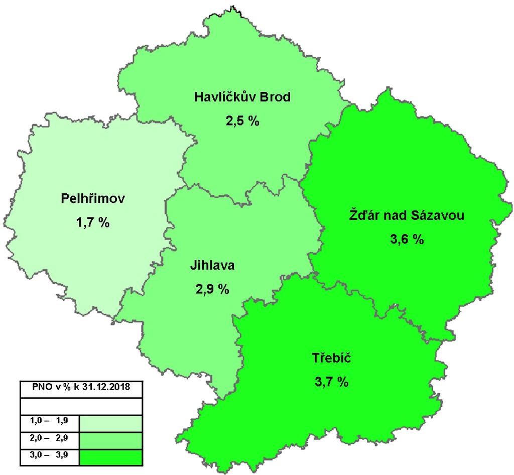 2.3 Územní rozložení registrované nezaměstnanosti v Kraji Vysočina.