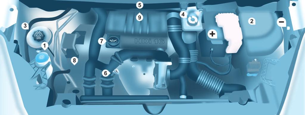 Motorový prostor 124 NAFTOVÝ MOTOR Při všech zásazích v motorovém prostoru buďte velmi opatrní. 1. Nádržka ostřikovače čelního skla. 2. Pojistková skřínka. 3. Nádržka chladicí kapaliny motoru. 4.