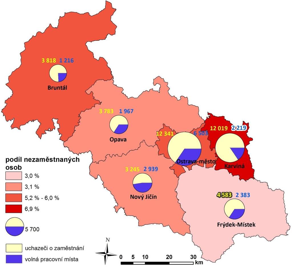 Úřad práce České republiky, Krajská pobočka v Ostravě strana 27 byla po celé sledované období na druhém místě a Karviná na třetím místě.