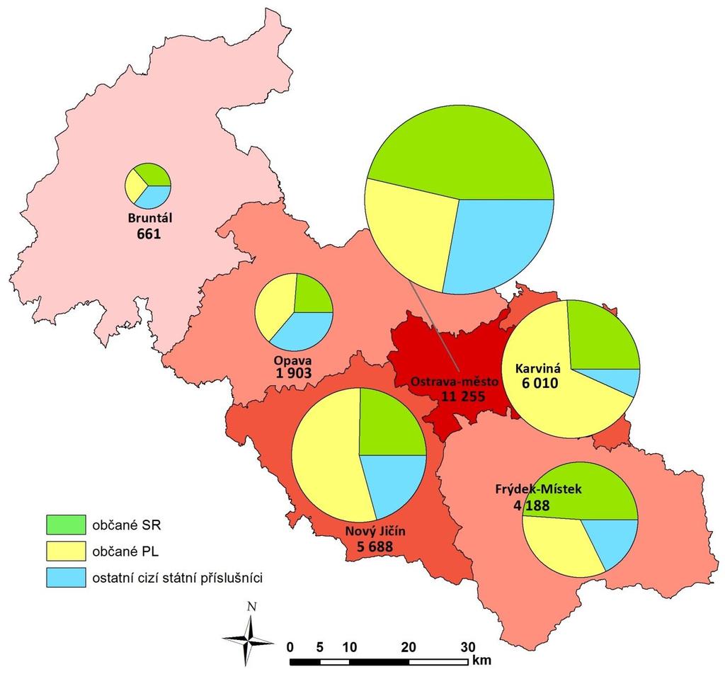 Úřad práce České republiky, Krajská pobočka v Ostravě strana 42 Mapa IV/1 - Celkový počet zaměstnaných cizích státních příslušníků v jednotlivých okresech MSK k 31.12.