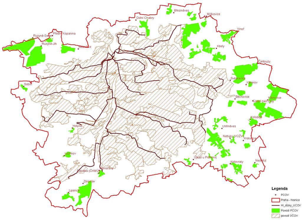 Obr..3.1 Mapa Prahy s povodím ÚČOV Praha a povodími pobočných ČOV Legenda PČOV Hranice hl. m. Prahy Hlavní stoky ÚČOV Povodí PČOV Povodí ÚČOV Zdroj: PVS, a. s. Tab..3.4: Technické a provozní údaje o odvádění a čištění odpadních vod v hl.