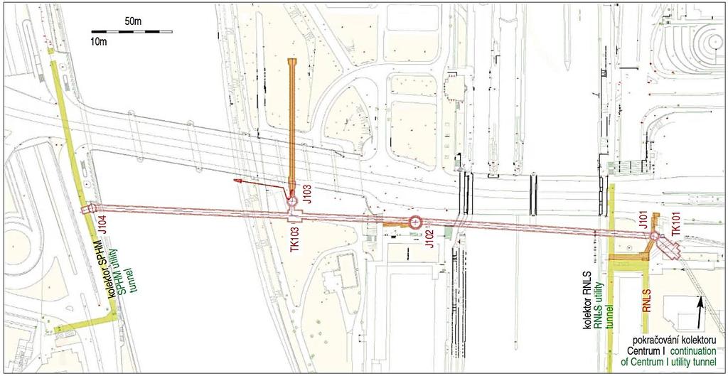 Obr. 1 Situace stavby Fig. 1 Building site layout Podzemní část je realizována z celkem čtyř hloubených šachet souhrnné hloubky 130 m.