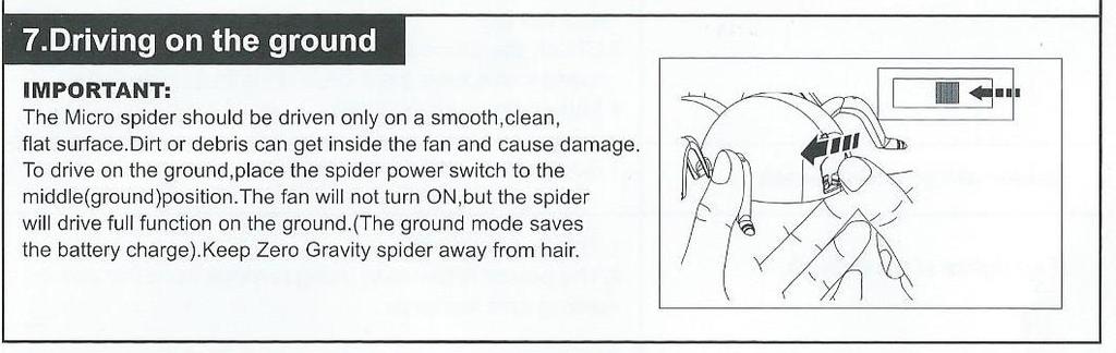 antigravitační funkce má velkou spotřebu kapacity baterie. Ukončení použití 1. Uvolněte pavouka ze zdi. 2. Vypněte dálkové ovládání do polohy OFF-vypnuto. 3.