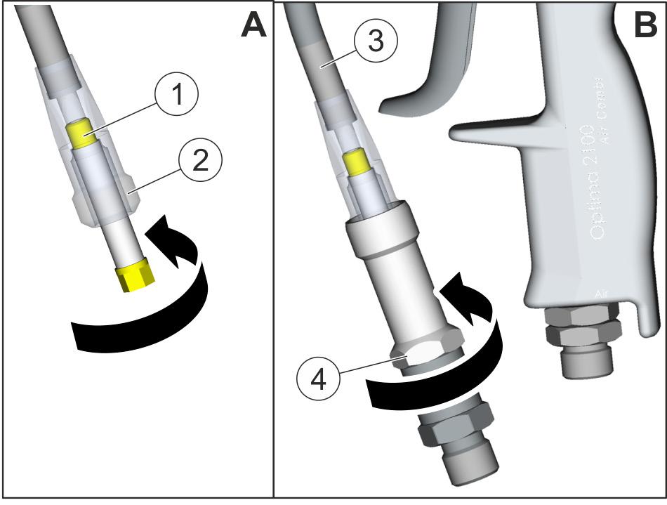 Čištění a údržba 8.4.2 Montáž filtru Montáž malého filtru Montáž velkého filtru Obr. 15: Montáž malého filtru 1. Filtr (1) zašroubujte do dolní trubky na barvu (2).