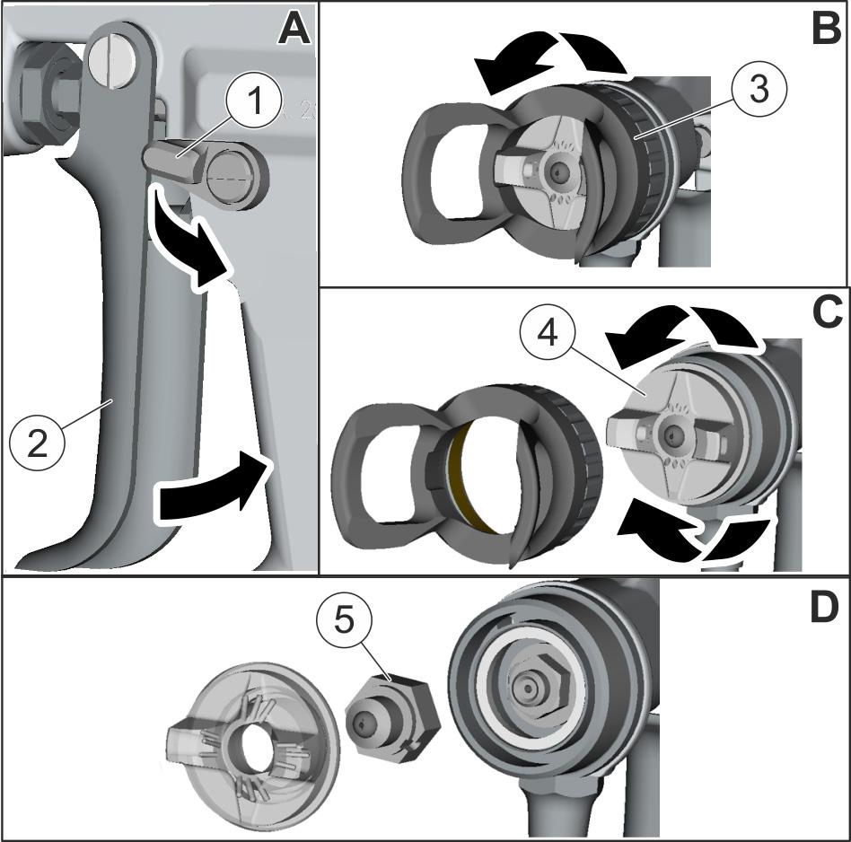 1. Utáhněte unášeč jehly (3). Současně zakontrujte zadní díl jehly (4). 2. Nasaďte přítlačný kotouč (5). 3. Nasaďte přítlačnou pružinu (6). 4.