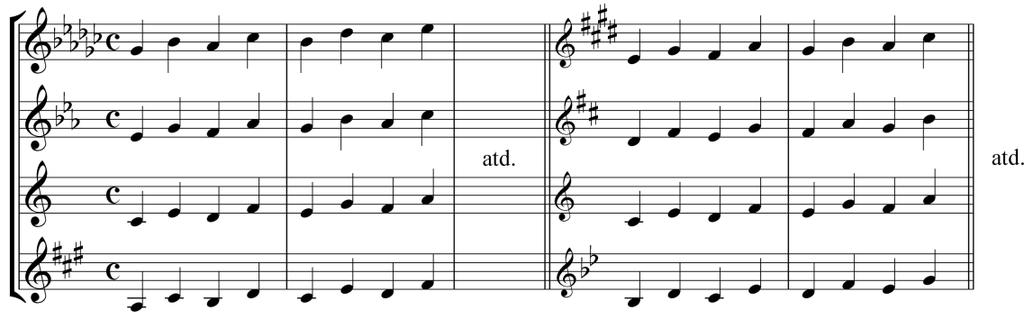 Mixturové provedení modelů diatonických terciových sekvencí v tónině dur: dvojhlasé provedení v terciích (v jiných intervalech); tříhlasé (čtyřhlasé) provedení v terciích (v jiných intervalech): př.