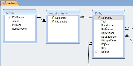 Zobrazení relace M:N Obecnou relaci M:N lze využít pro vyjádření vztahu spisovatelů (autorů) a jejich knih.