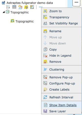 Obrázek 7. Možnosti práce s vrstvou. Mezi důležité patří možnost Configure pop-up window, konfigurovat vyskakovací okno (obrázek 8), které se objeví po kliknutí na vybraný prvek v mapovém okně.