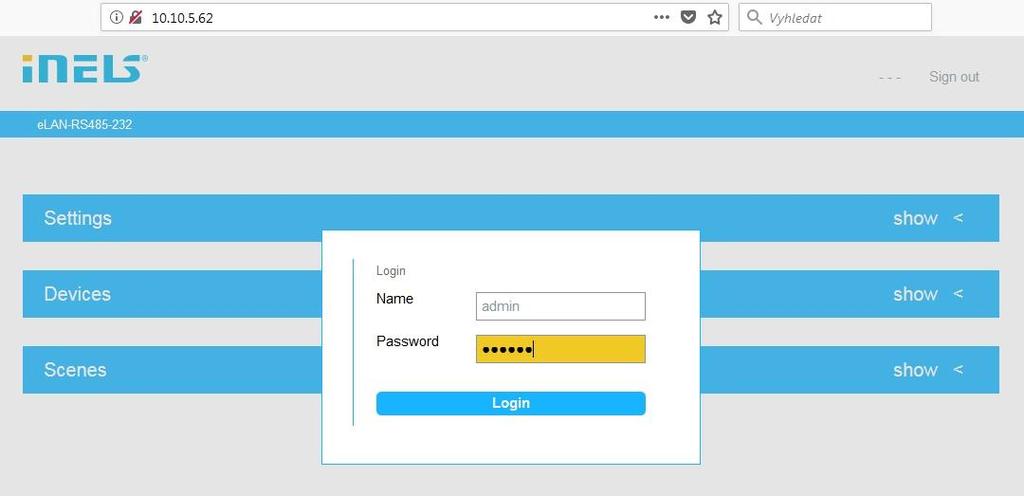 Přihlášení do webového rozhraní Spusťte webový prohlížeč. V internetovém prohlížeči do panelu Adresa doplňte IP adresu Vašeho elan-rs.