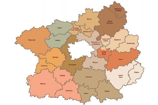 Mapa Středočeského kraje s vyznačením okresů a obcí s rozšířenou působností. Středočeský kraj je největším krajem České republiky s celkovou rozlohou 10 930 km 2.