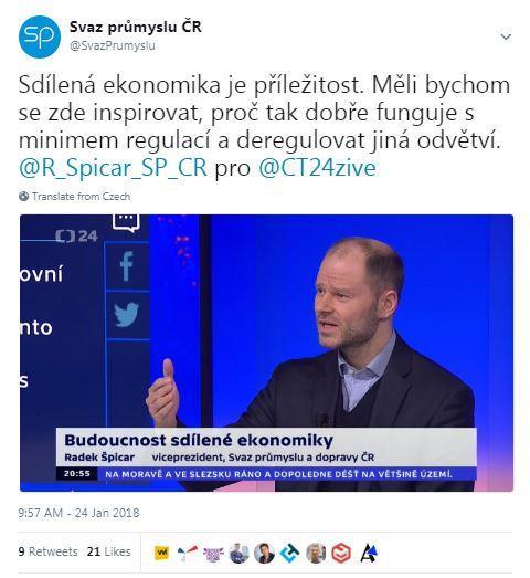 TOP 5 nejúspěšnějších příspěvků na twitteru 1. Sdílená ekonomika je příležitost. Měli bychom se zde inspirovat, proč tak dobře funguje s minimem regulací a deregulovat jiná odvětví.