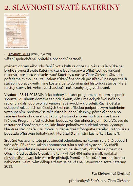Slavnostní koncert Slavnost svaté Kateřiny Zlatá Olešnice 23.