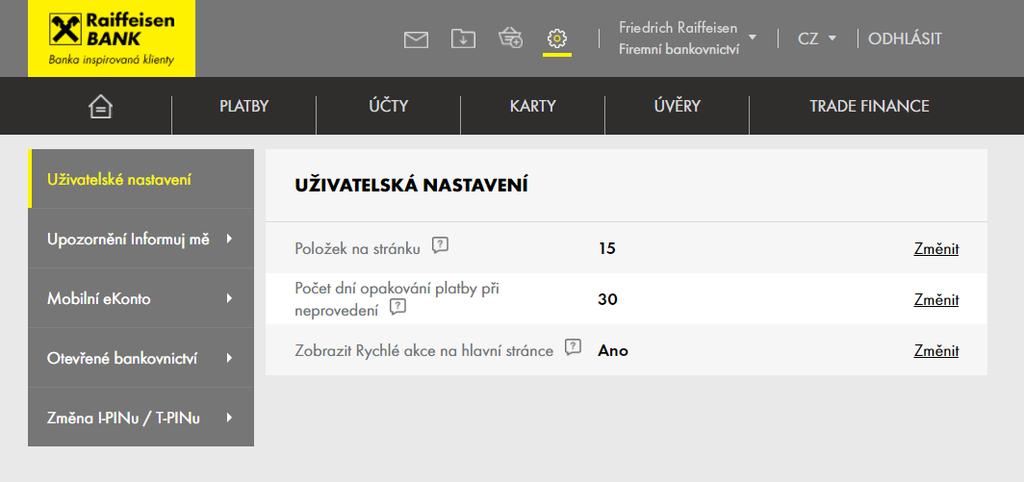 9. POČET DNÍ OPAKOVÁNÍ PLATBY UŽIVATELSKÉ NASTAVENÍ V uživatelském nastavení je možné nastavit 2 až 30 dnů pro