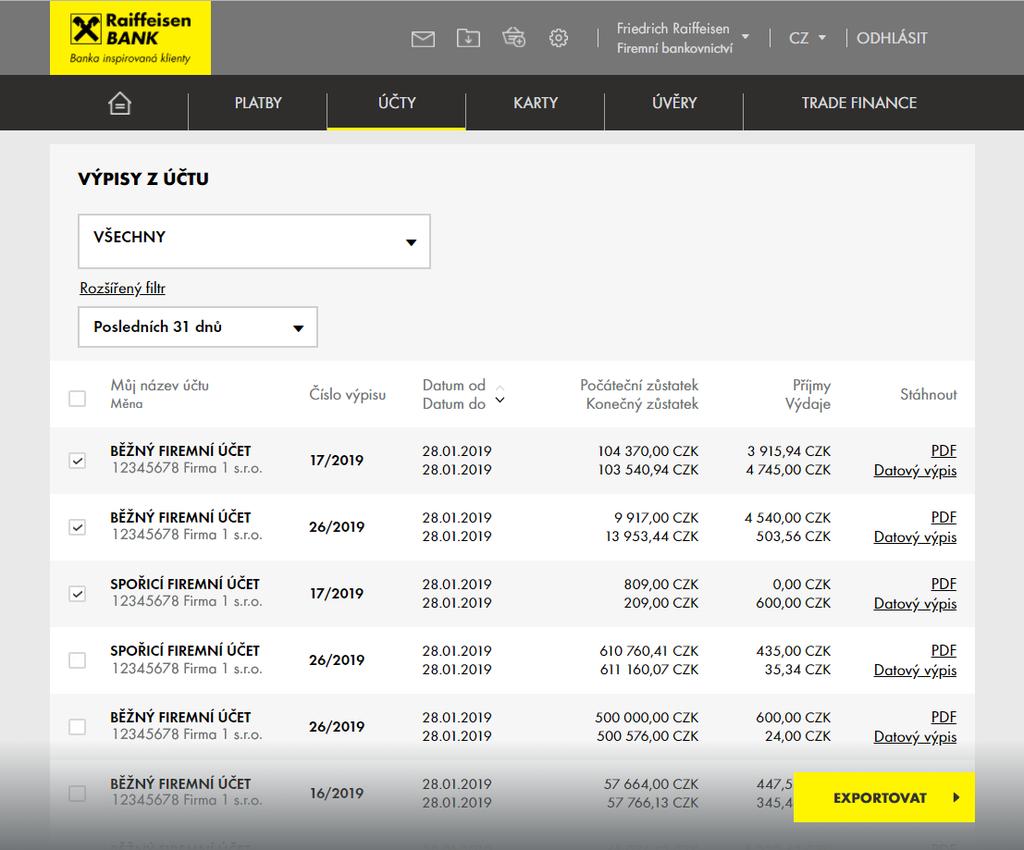 12. PLOVOUCÍ TLAČÍTKO EXPORTOVAT Pokud zaškrtnete alespoň jeden výpis v přehledu výpisů (ať už pro jeden účet nebo ze všech