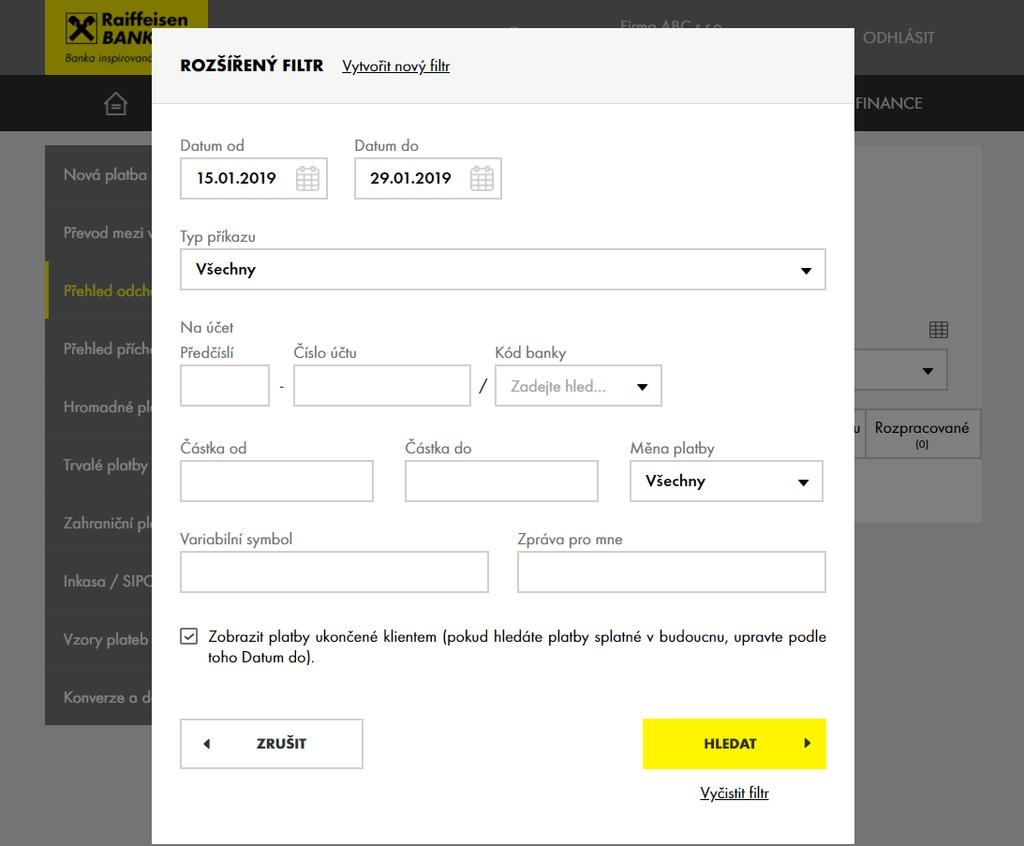 5. PŘEHLED PLATEB UKONČENÝCH KLIENTEM V Přehledu plateb, v záložce Neprovedené, je v rozšířeném filtru nově možné nastavit i zobrazení plateb