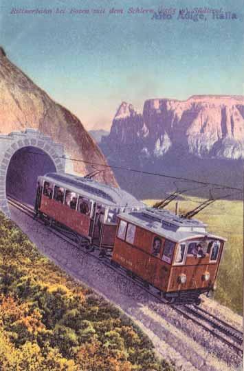 4 Rittnerská dráha u Bolzana s horou Schlern v pozadí (2565 m) Jižní Tyrolsko. Joh. F. Amonn, Bozen. Před 1914.