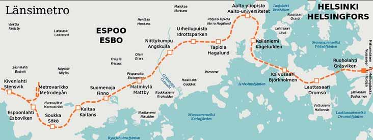 Obr. 1 Trasa projektu Länsimetro Fig. 1 Länsimetro project line 2. ÚČEL A SPECIFIKA PROJEKTU Finsko je i přes svůj relativně plochý reliéf zemí protkanou mnoha tunelovými stavbami.