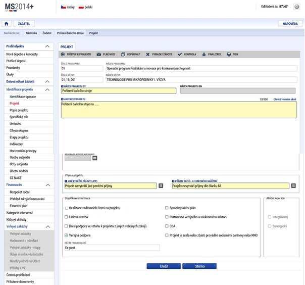 Projekt Na záložce Projekt žadatel vyplní Název projektu CZ, Název projektu EN a Anotaci Projektu, ve které stručně popíše předmět předkládaného projektového záměru, ze kterého bude jednoznačně