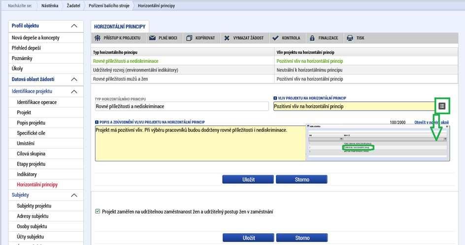 Horizontální principy V rámci horizontálních principů projektu postupně vyberte všechny Typy horizontálního principu a na